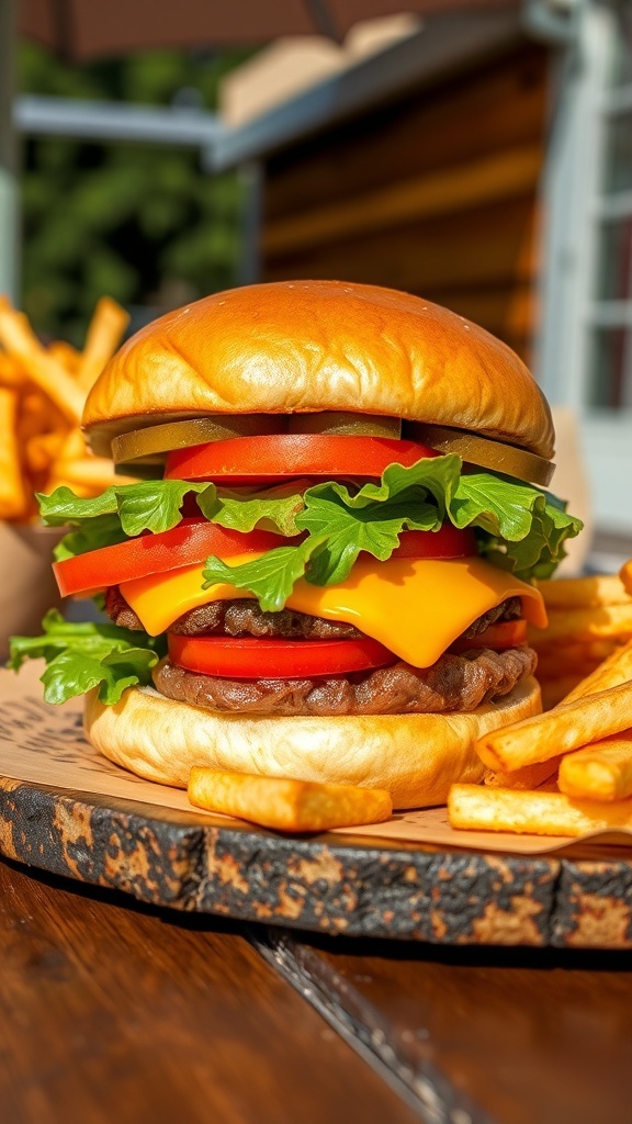A classic hamburger with lettuce, tomato, and cheese on a toasted bun, served with fries on a wooden table.